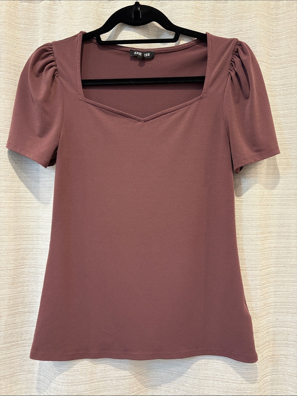 Express Small Neutral Mauve Puff-Sleeve Square Neck Sweetheart Short Sleeve Top